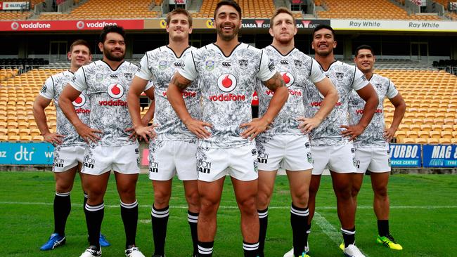 (L-R) Jacob Lillyman, Konrad Hurrell, Blake Ayshford, Shaun Johnson, Ryan Hoffman, Albert Vete and Roger Tuivasa-Sheck of the Vodafone Warriors.