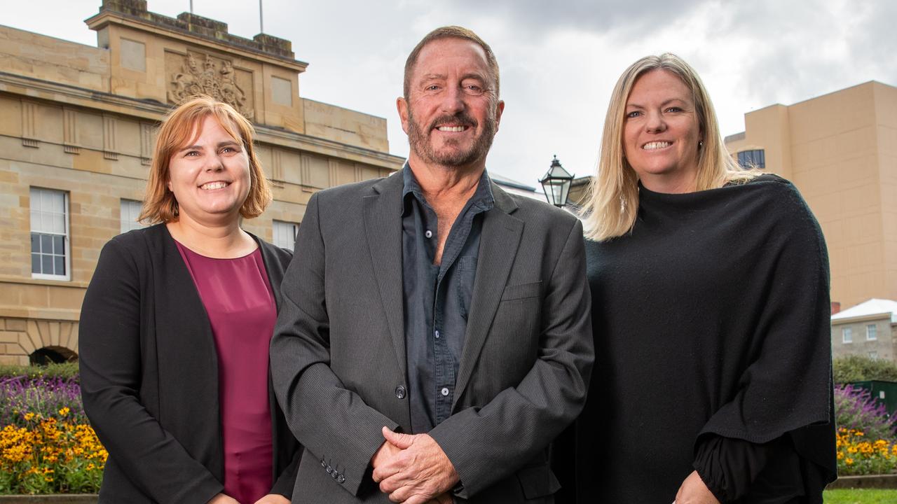 Newly elected members of Tasmanian Parliament, Member for Braddon Miriam Beswick, Member for Lyons Andrew Jenner, and Member for Bass, Rebekah Pentland of the Jacqui Lambie network at Parliament Lawns, Hobart, Monday, April 8, 2024. Picture: Linda Higginson