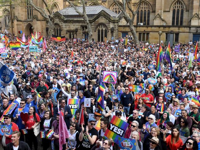 Protesters gather for a rally in support for marriage equality in Sydney on Sunday. Picture: Paul Miller/AAP