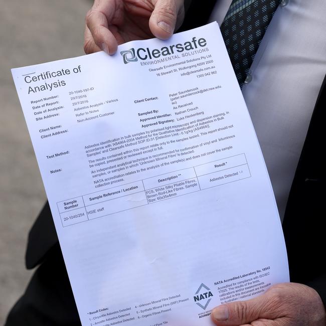 Castle Hill MP Ray Williams pictured holding an asbestos report outside Castle Hill High school. Picture by Damian Shaw