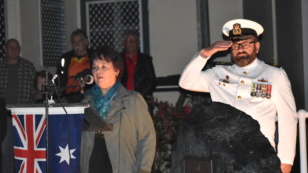 The national anthem being sung at the Kuttabul dawn service at the Hampden State School Remembrance Garden 2021. Picture: Lillian Watkins