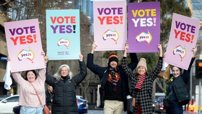 Supporters of the upcoming voice to parliament referendum gather for a rally at Trades Hall in Melbourne. Picture: NCA NewsWire / Andrew Henshaw