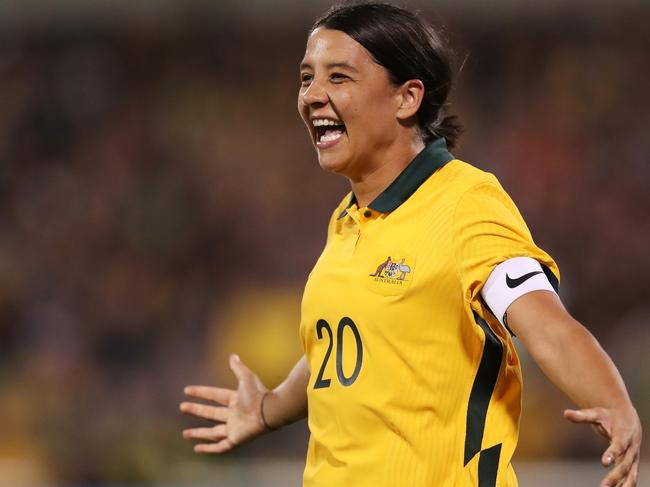 *APAC Sports Pictures of the Week - 2022, April 18* - CANBERRA, AUSTRALIA - APRIL 12:   Sam Kerr of Australia celebrates with team mates after scoring a goal during the International womens friendly match between the Australia Matildas and the New Zealand at GIO Stadium on April 12, 2022 in Canberra, Australia. (Photo by Matt King/Getty Images)