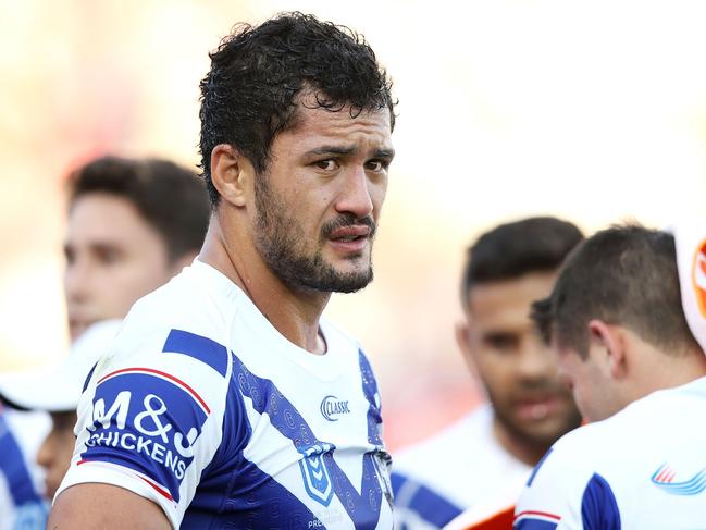 SYDNEY, AUSTRALIA - APRIL 14: Corey Harawira-Naera of the Bulldogs looks dejected after a Dragons try during the round five NRL match between the St George Illawarra Dragons and the Canterbury Bulldogs at WIN Jubilee Stadium on April 14, 2019 in Sydney, Australia. (Photo by Mark Kolbe/Getty Images)