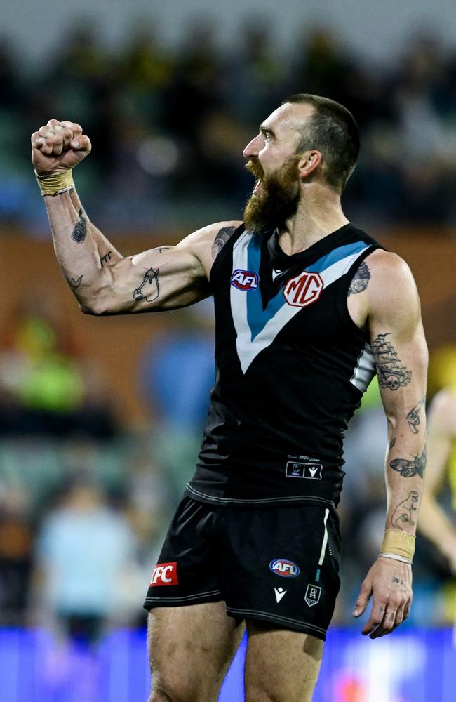 Charlie Dixon celebrates one of his four goals on Saturday night. Picture: Mark Brake/Getty Images.