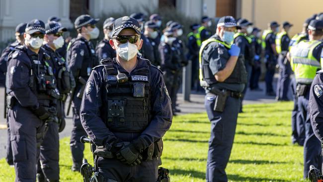 Police keep a close eye on the protest. Picture: Tim Carrafa