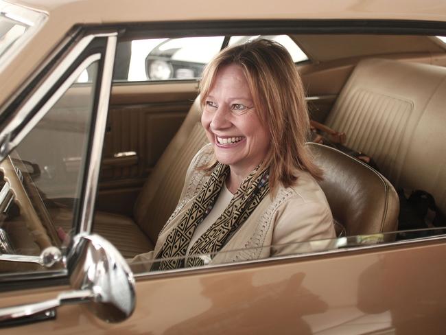 Number Five ... General Motors CEO Mary Barra, sitting in the first Camaro ever built. Picture: Bill Pugliano/Getty Images/AFP