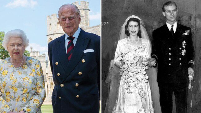 The Queen and Prince Phillip pictured on June 1 at Windsor Castle ahead of his 99th birthday on Wednesday, left, and at their wedding in 1947, right. Pictures: Supplied