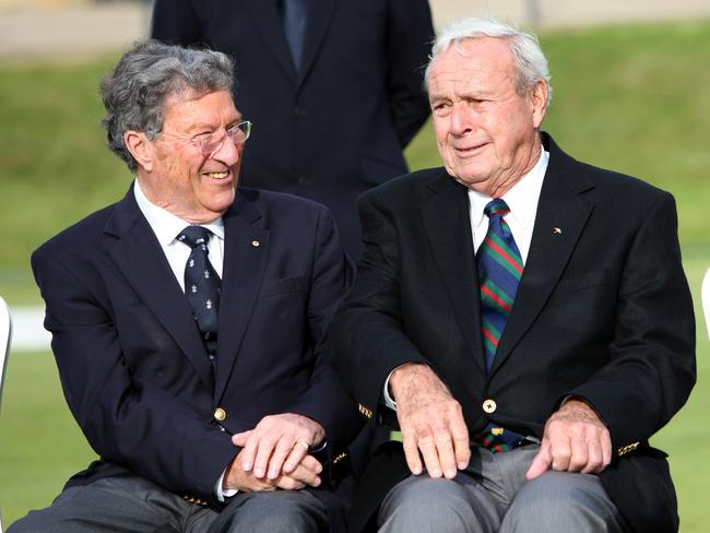 Peter Thomson and Arnold Palmer ahead of the 2010 Open Championship at St Andrews, Scotland. Picture: AFP