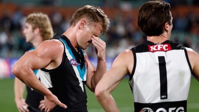 ADELAIDE, AUSTRALIA - SEPTEMBER 05: Ollie Wines of the Power looks dejected after a loss during the 2024 AFL Second Qualifying Final match between the Port Adelaide Power and the Geelong Cats at Adelaide Oval on September 05, 2024 in Adelaide, Australia. (Photo by Michael Willson/AFL Photos via Getty Images)