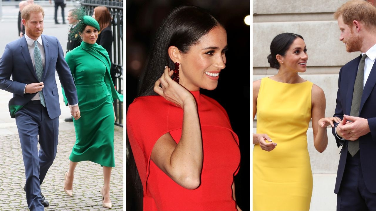 Meghan Markle wearing green, red and yellow dresses at royal appearances in the UK. Pictures: Getty