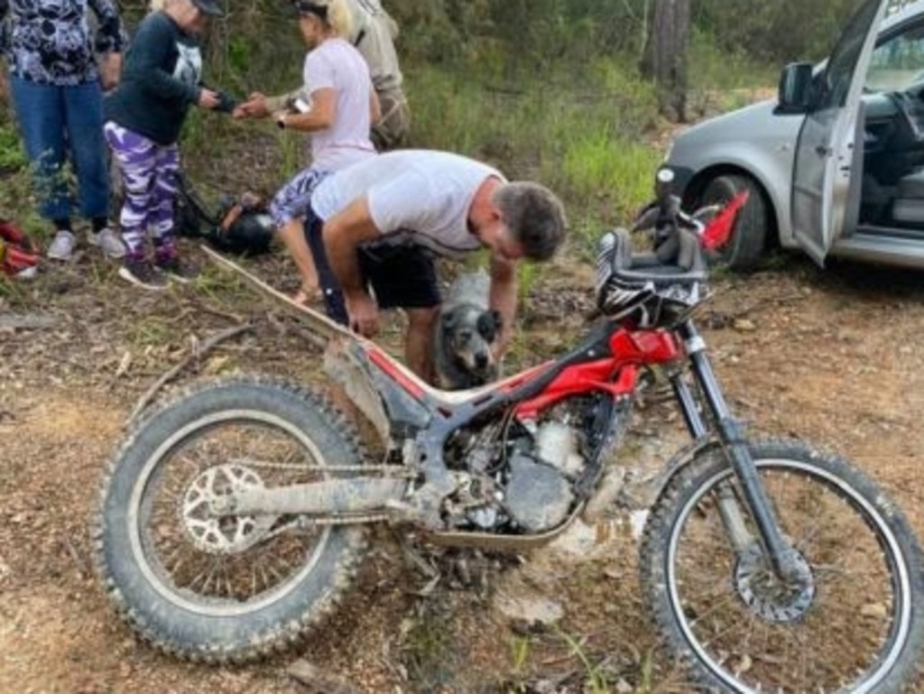 Andrew Nielsen tied his cattle dog Jasper to his motorbike as he walked off to try to find his way out of a rainforest in far north Queensland. Picture: Supplied