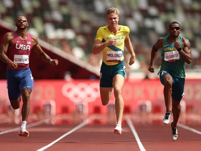 Garrett Scantling, Ashley Moloney and Felipe dos Santos in the decathlon 100m heats. Picture: Getty Images