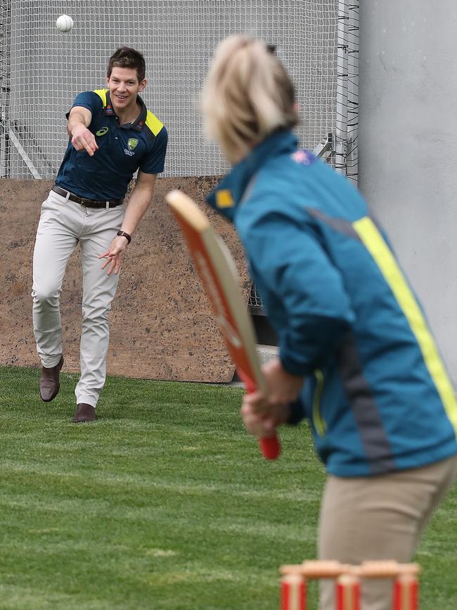 Australian Test Captain, Tim Paine and Australian Women’s Team player, Nicola Carey as Vodafone signs up as partners with Cricket Australia. Picture: Zak Simmonds