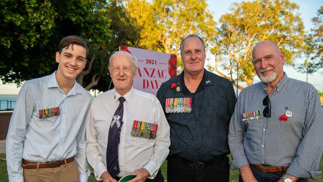 Dante Gardini, Don Milford, Chris Milford and John Peter as Territorians gather in Darwin City to reflect on Anzac Day. Picture: Pema Tamang Pakhrin