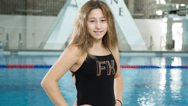 Charli Petrov, 14, will make her international diving debut alongside idol Melissa Wu. Picture: Richard Walker