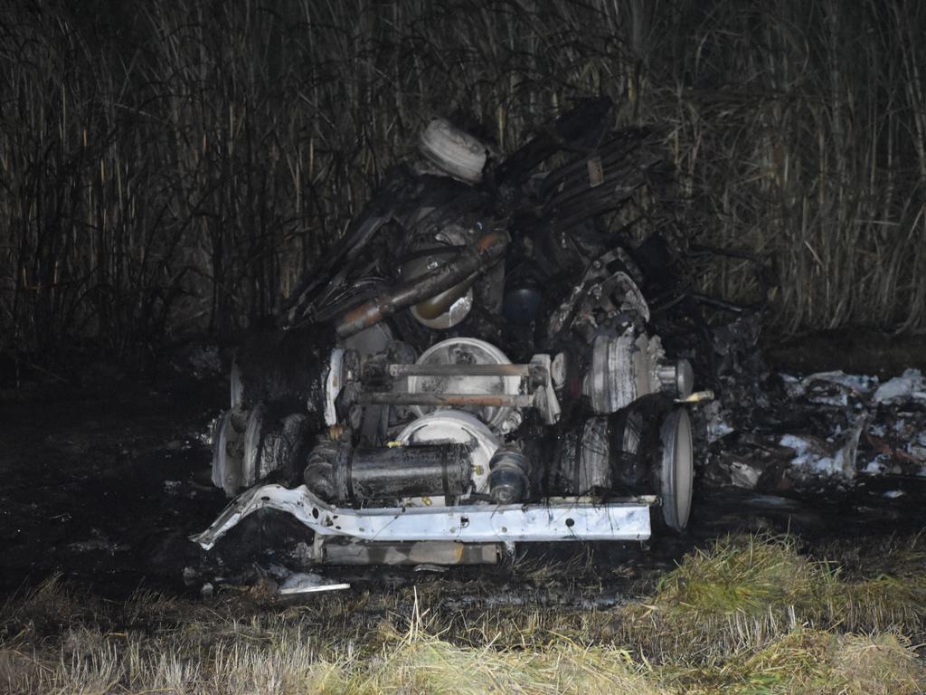 The wreckage of a the truck cab in the crash on the Bruce Highway north of Koumala that took the life of a Mackay man on February 4, 2022. Picture: Lillian Watkins