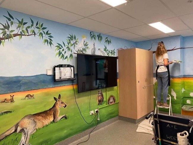 Catherine Clark Dowden paints a mural inside the Mackay Base Hospital's Children and Adolescent Unit.