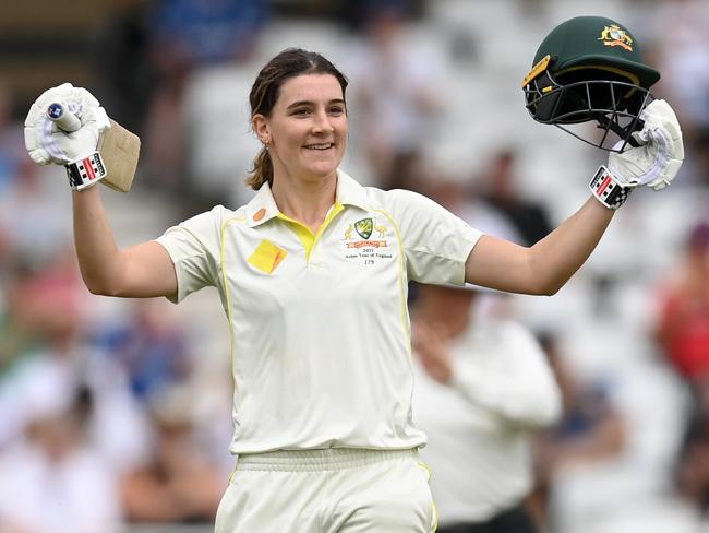 NOTTINGHAM, ENGLAND - JUNE 23: Annabel Sutherland of Australia celebrates reaching her century during day two of the LV= Insurance Women's Ashes Test match between England and Australia at Trent Bridge on June 23, 2023 in Nottingham, England. (Photo by Gareth Copley/Getty Images)