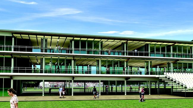 An artist’s impression of the proposed Victoria Park grandstand and multipurpose building, looking northeast.