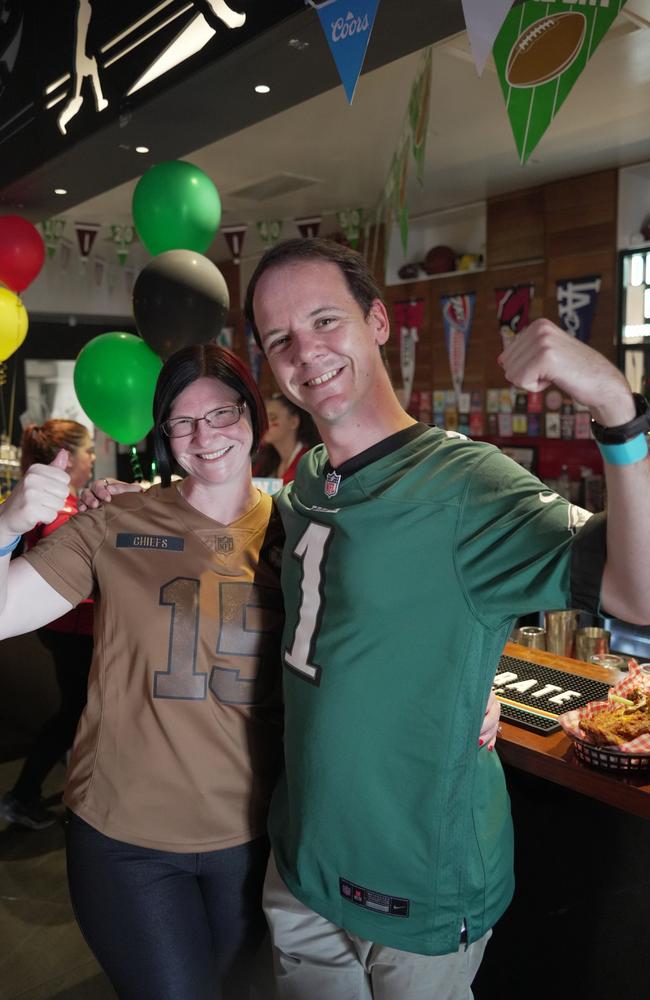 Enjoying the Super Bowl party at Tailgate Sports Bar in the Toowoomba CBD are Shay Scott and Peter Sanders.