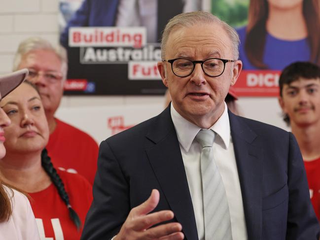 Prime Minister Anthony Albanese visiting Labor candidate for Dickson Ali France and volunteers at her office in Strathpine, Queensland. 2 May 2025. Picture: Tara Croser.
