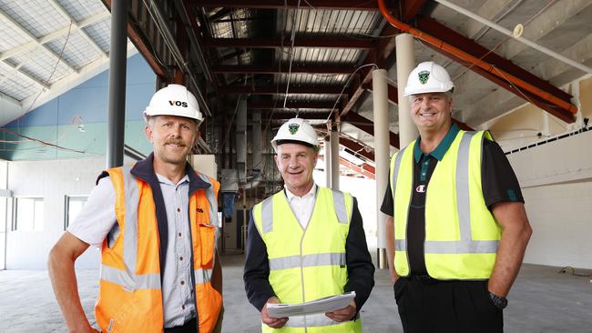 Premier Peter Gutwein alongside chairman of Vos Darren Vos and coach of the Tasmania JackJumpers Scott Roth as Vos has been named the successful tender for stage 2 redevelopment of the DEC. Picture: Zak Simmonds