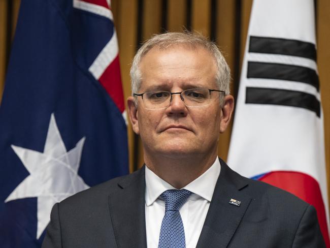 CANBERRA, AUSTRALIA - NewsWire Photos DECEMBER 13, 2021: POOL Prime Minister of Australia Scott Morrison and Jenny Morrison greet His Excellency Mr Moon Jae-in, President of the Republic of Korea and Mrs Kim Jung-Sook at Parliament House, Canberra. Picture : NCA NewsWire / Martin Ollman