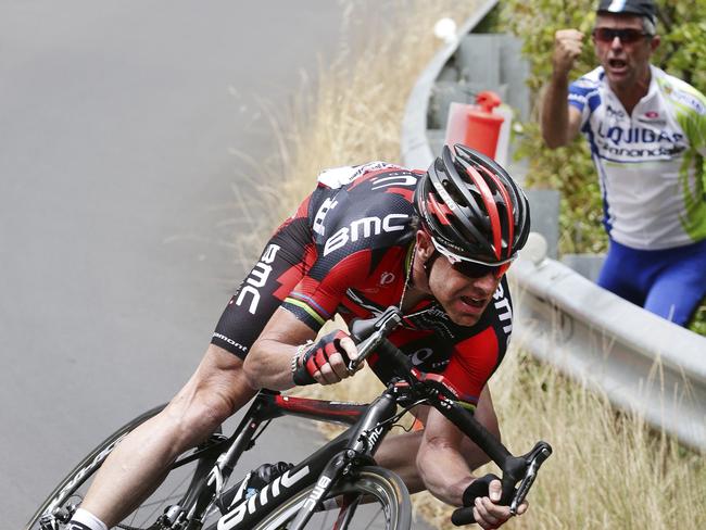 Cadel Evans on the decent of the Corkscrew. Picture: Sarah Reed