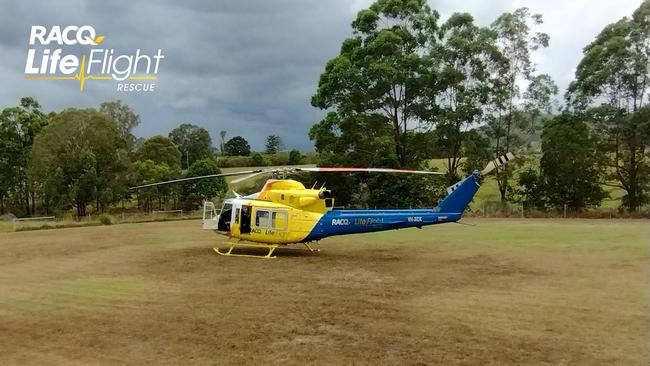 A young Gympie region girl who had a tube of glue split open in her mouth while she was chewing it was treated by paramedics before being loaded onto the RACQ LIfeFlight helicopter on Friday January 20, 2023.