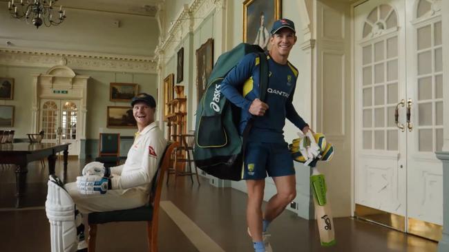 Steve Smith and Tim Paine share a laugh in The Pavilion at Lord’s.