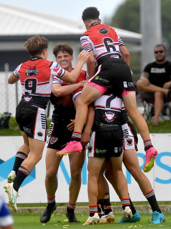 Kirwan High against Ignatius Park College in the Northern Schoolboys Under-18s trials at Brothers Rugby League Club in Townsville. Kirwan try to Taakoi Benioni. Picture: Evan Morgan