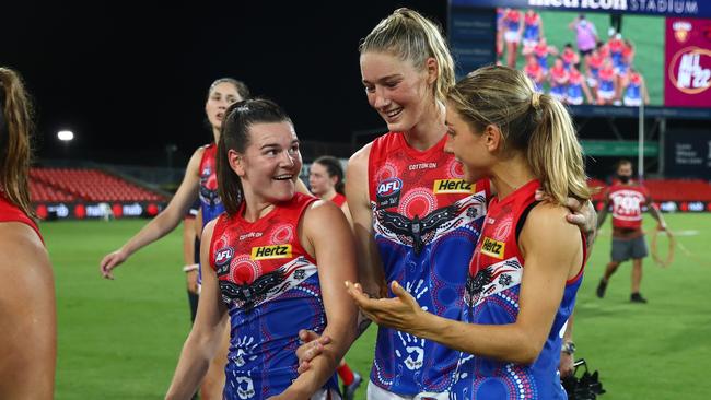 Tayla Harris’ late heroics helped the Dees hold off Brisbane. Picture: Getty Images