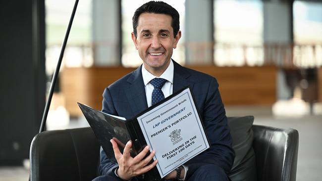 David Crisafulli, with the official Premiers Portfolio of in coming government briefs. Picture: Lyndon Mechielsen