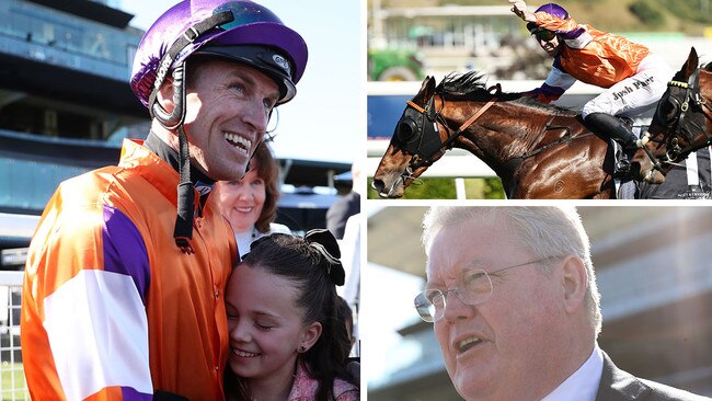 Jockey Josh Parr (left) celebrates with his daughter after his victory aboard El Castello (top right) for trainer Anthony Cummings (bottom right) in the Group 1 Spring Champion Stakes at Randwick. Pictures: Getty Images