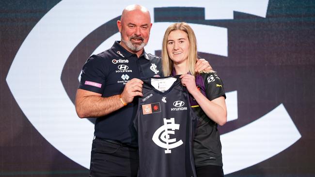 Keeley Skepper and Carlton AFLW coach Daniel Harford. Picture: Michael Willson/AFL Photos via Getty Images