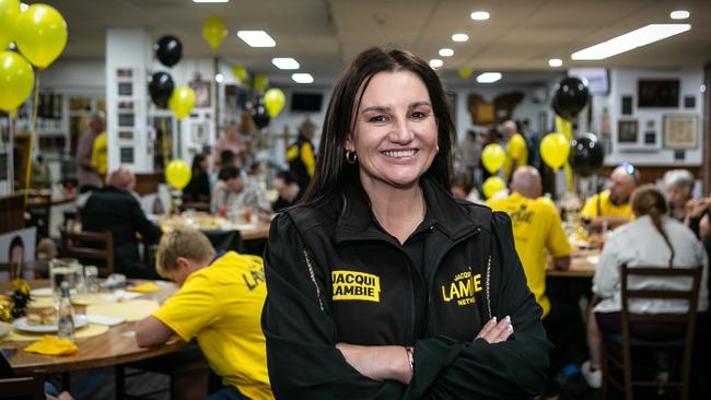 Senator Jacqui Lambie founder of the Lambie Network at her party's event at the Launceston RSL as the votes are tallied in the 2024 Tasmanian State Election. Picture: Patrick Gee