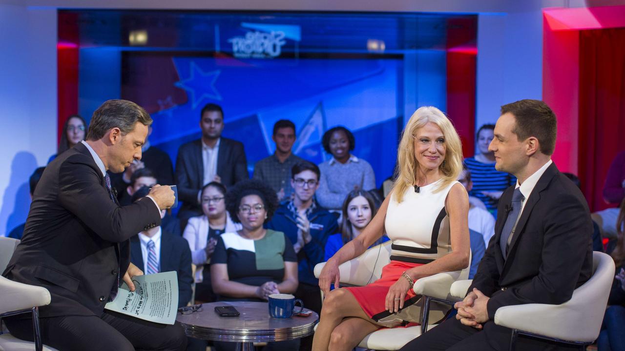 Jake Tapper, of CNN’s State of the Union, on stage with Kellyanne Conway and Clinton Campaign Manager Robby Mook during the event titled “War Stories: Inside Campaign 2016” at the Harvard Institute of Poltiics Forum on December 1, 2016 in Cambridge, Massachusetts. The election post-mortem was a fiery event with Conway exclaiming that Trump “was the better candidate. That’s why he won”, after a Clinton senior strategist claimed more Americans voted for Hilary Trump. Picture: Getty