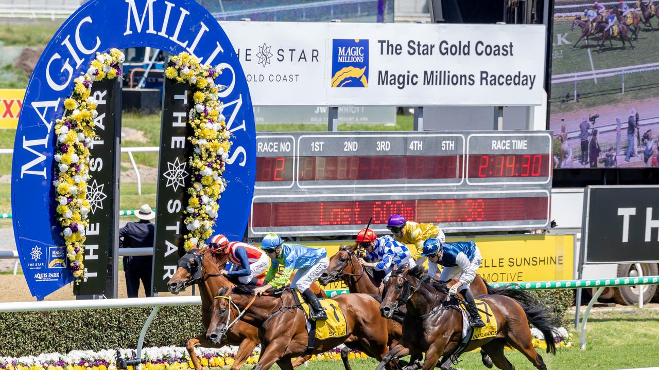 Horse no 1 takes out race 2 at the Magic Millions race day. Picture: Luke Marsden.