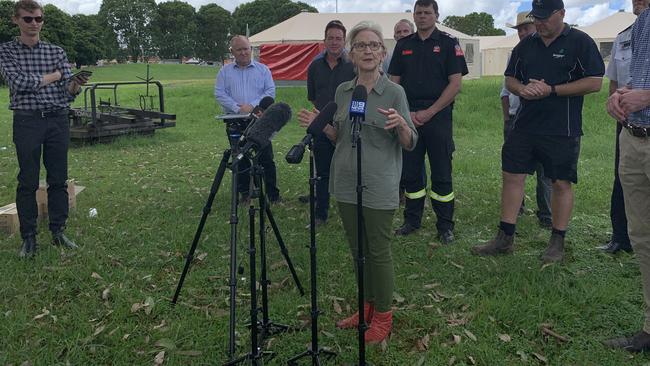 Lismore MP Janelle Saffin speaks about the region's flood recovery at Wollongbar TAFE on Saturday.