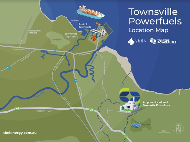 ABEL Energy's $1.7bnTownsville Powerfuels project location map with the proposed Cleveland Bay site. Picture: Leighton Smith.