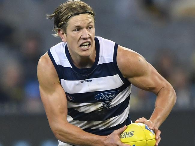 Rhys Stanley of the Cats is seen in action during the Round 12 AFL match between the Richmond Tigers and the Geelong Cats at MCG in Melbourne, Friday, June 7, 2019. (AAP Image/Julian Smith) NO ARCHIVING, EDITORIAL USE ONLY