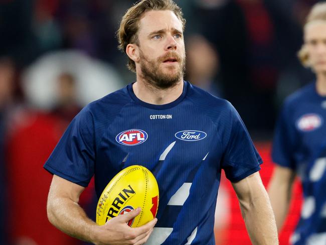 MELBOURNE, AUSTRALIA - MAY 04: Cameron Guthrie of the Cats looks on before the 2024 AFL Round 08 match between the Melbourne Demons and the Geelong Cats at The Melbourne Cricket Ground on May 04, 2024 in Melbourne, Australia. (Photo by Dylan Burns/AFL Photos via Getty Images)