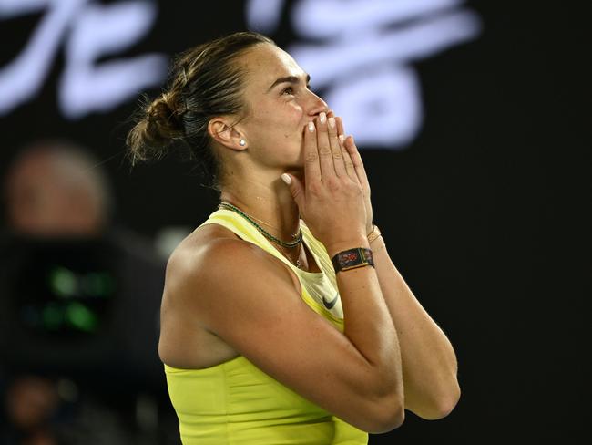 MELBOURNE, AUSTRALIA - JANUARY 21: Aryna Sabalenka reacts following victory against Anastasia Pavlyuchenkova in the Women's Singles Quarterfinal during day 10 of the 2025 Australian Open at Melbourne Park on January 21, 2025 in Melbourne, Australia. (Photo by Hannah Peters/Getty Images)