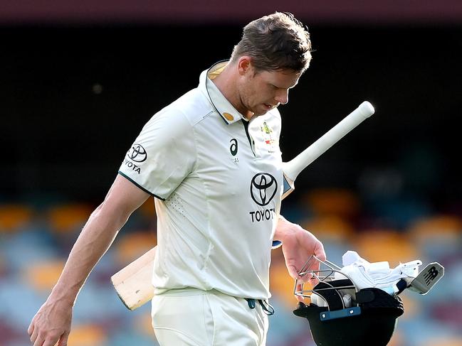 BRISBANE, AUSTRALIA - JANUARY 28: Steve Smith of Australia looks dejected after his team loses the match during day four of the Second Test match in the series between Australia and West Indies at The Gabba on January 28, 2024 in Brisbane, Australia. (Photo by Bradley Kanaris/Getty Images)