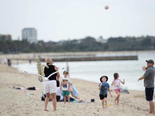 MELBOURNE AUSTRALIA - Newswire Photos APRIL 1ST 2024 : Weather warnings and big rains predicted across Victoria Monday evening, as beachgoers enjoy Albert Park Beach on a warm Easter Monday in Melbourne. PICTURE : NCA Newswire / Nicki Connolly