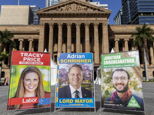 Posters for Lord Mayoral candidates Tracey Price, Adrian Schrinner and Jonathan Sriranganathan at early voting for the Brisbane City Council Election at Brisbane City Hall, Monday, March 4, 2024 - Picture: Richard Walker