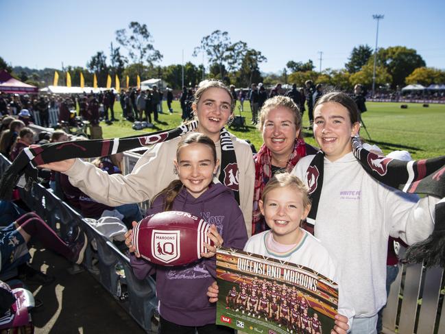 At Queensland Maroons fan day are (from left) Abbey Ruhle, Lacey Newton, Lauren Ruhle, Gen Ruhle and Georgia Ruhle. Picture: Kevin Farmer