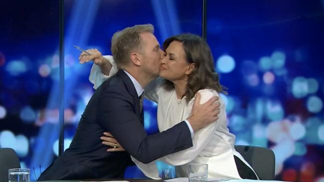 Lisa Wilkinson is kissed by Hamish McDonald as she announces her resignation from The Project. Picture Supplied