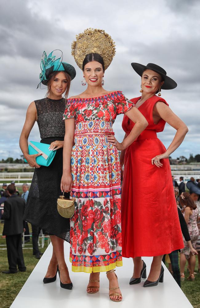 The Caulfield Cup’s Fashion on The Fields: Felicity Northeast, Sally-Anne Mallyon and finalist Natasha Banchtchikov. Picture: Alex Coppel.